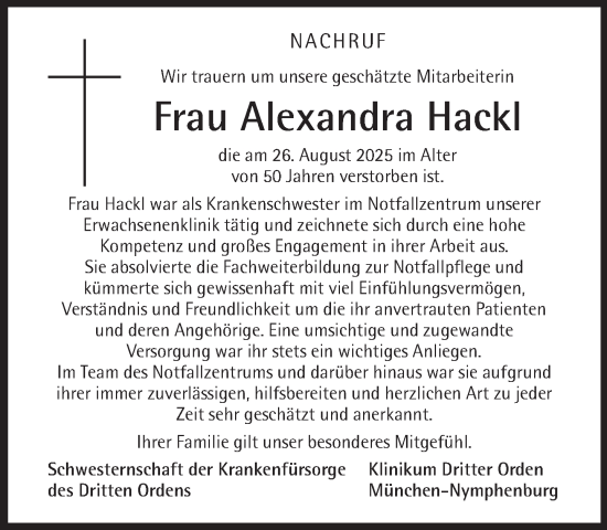 Traueranzeige von Alexandra Hackl von Süddeutsche Zeitung