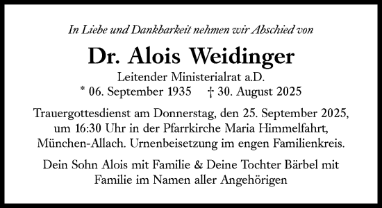 Traueranzeige von Alois Weidinger von Süddeutsche Zeitung