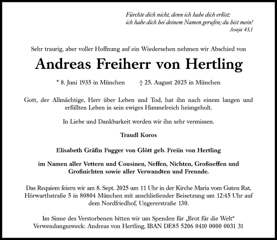 Traueranzeige von Andreas Freiherr von Hertling von Süddeutsche Zeitung