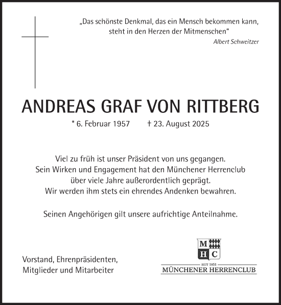 Traueranzeige von Andreas GRAF VON RITTBERG von Süddeutsche Zeitung