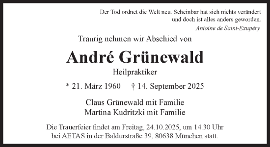 Traueranzeige von André Grünewald von Süddeutsche Zeitung