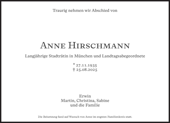 Traueranzeige von Anne Hirschmann von Süddeutsche Zeitung