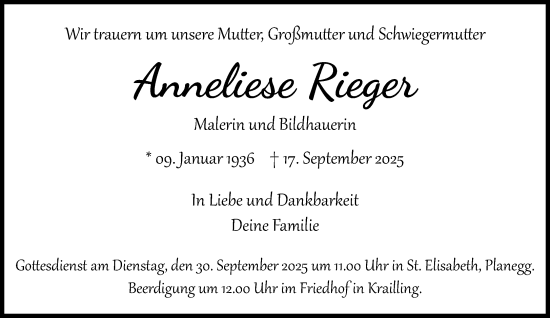 Traueranzeige von Anneliese Rieger von Süddeutsche Zeitung