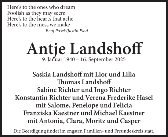 Traueranzeige von Antje Landshoff von Süddeutsche Zeitung