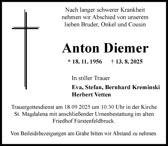 Traueranzeige von Anton Diemer von Süddeutsche Zeitung