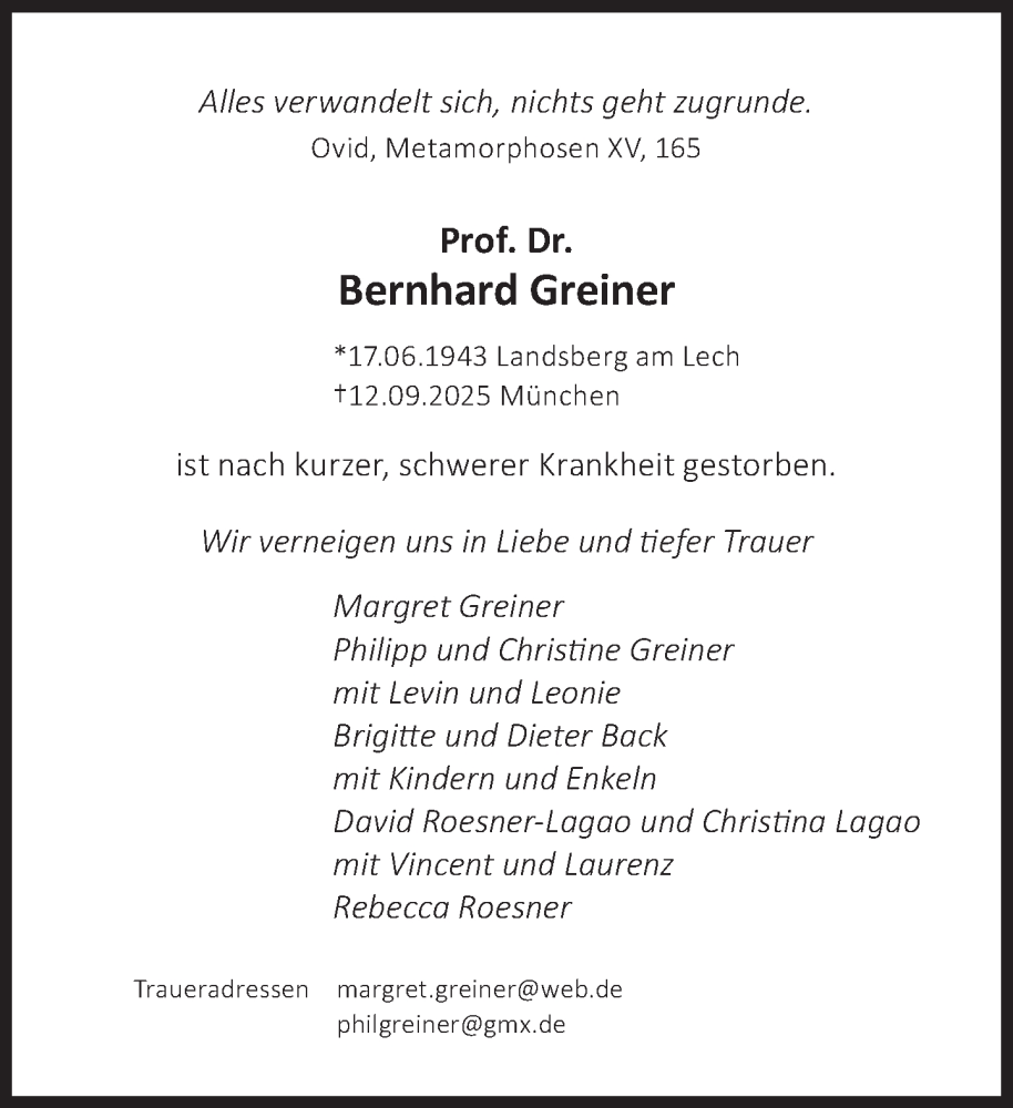  Traueranzeige für Bernhard Greiner vom 20.09.2025 aus Süddeutsche Zeitung