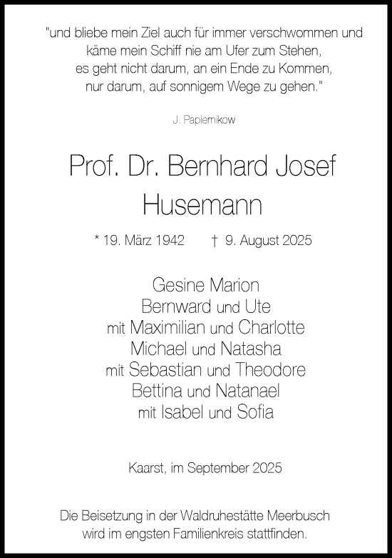 Traueranzeige von Bernhard Josef Husemann von Süddeutsche Zeitung