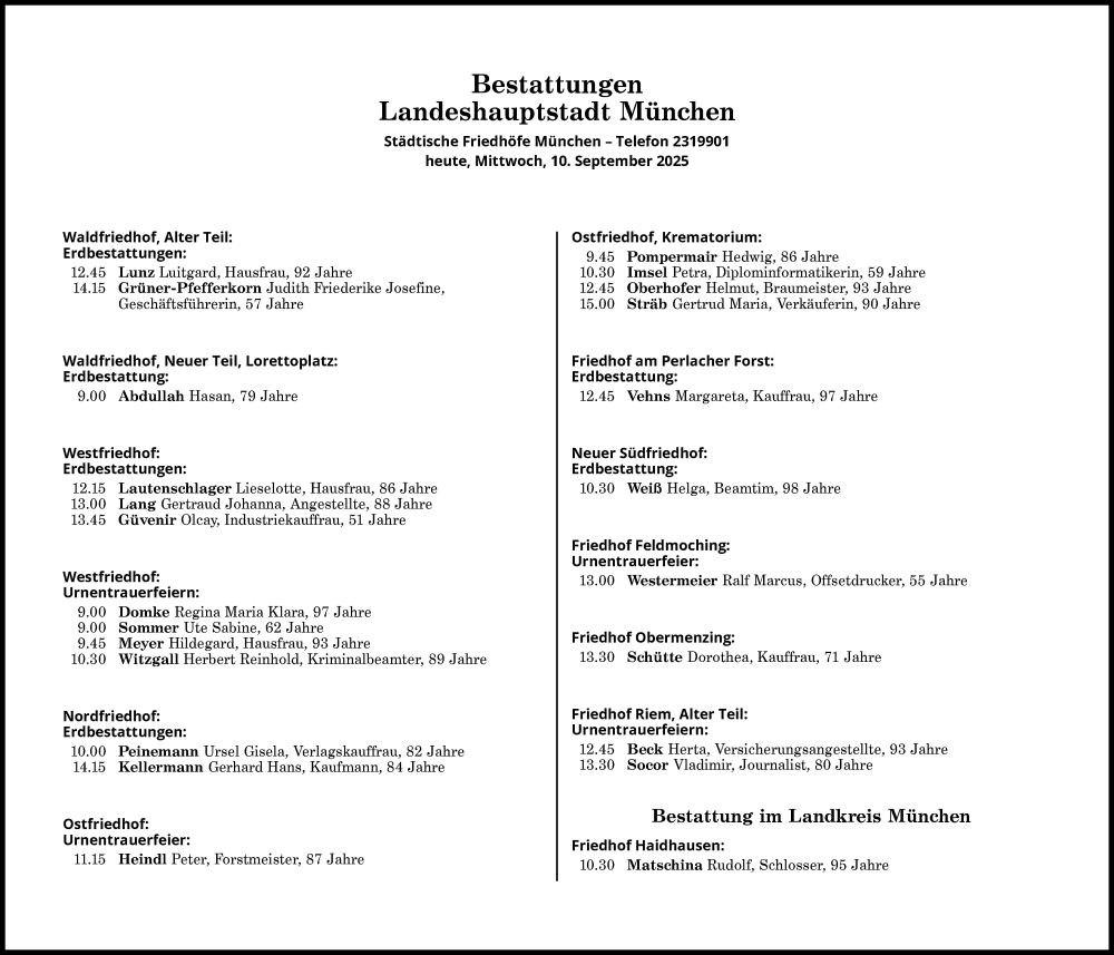  Traueranzeige für Bestattungen vom 10.09.2025 vom 10.09.2025 aus Süddeutsche Zeitung