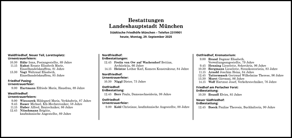  Traueranzeige für Bestattungen vom 29.09.2025 vom 29.09.2025 aus Süddeutsche Zeitung