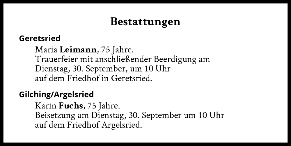  Traueranzeige für Bestattungen vom 30.09.2025 vom 30.09.2025 aus Süddeutsche Zeitung