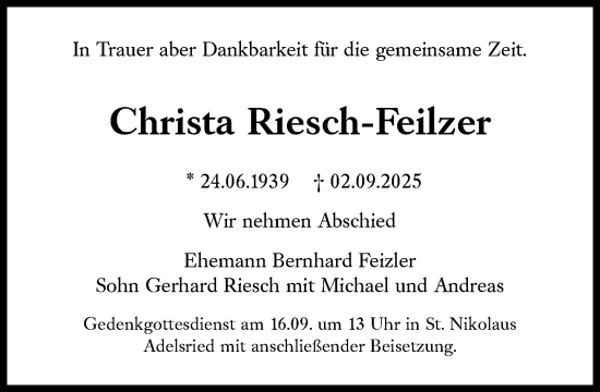 Traueranzeige von Christa Riesch-Feilzer von Süddeutsche Zeitung
