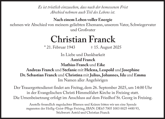 Traueranzeige von Christian Franck von Süddeutsche Zeitung