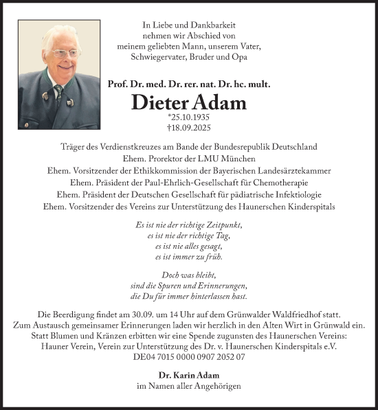 Traueranzeige von Dieter Adam von Süddeutsche Zeitung