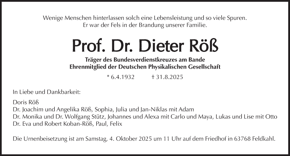 Traueranzeige für Dieter Röß vom 20.09.2025 aus Süddeutsche Zeitung