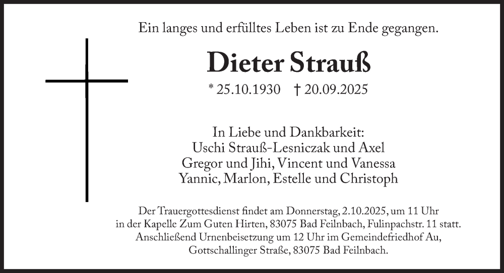  Traueranzeige für Dieter Strauß vom 27.09.2025 aus Süddeutsche Zeitung