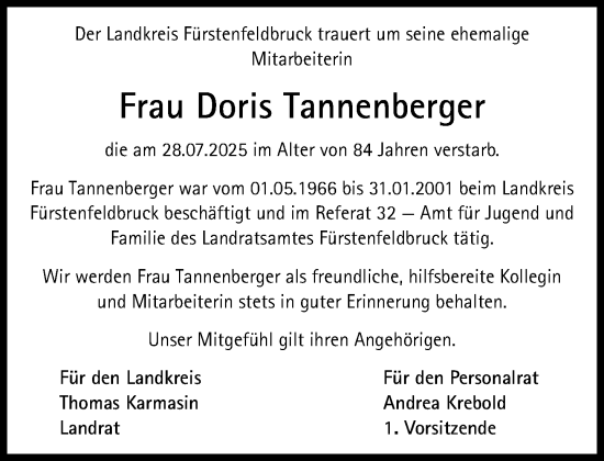 Traueranzeige von Doris Tannenberger von Süddeutsche Zeitung
