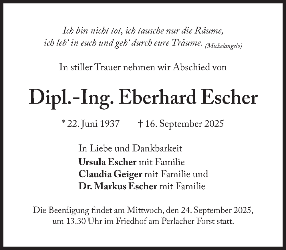  Traueranzeige für Eberhard Escher vom 20.09.2025 aus Süddeutsche Zeitung