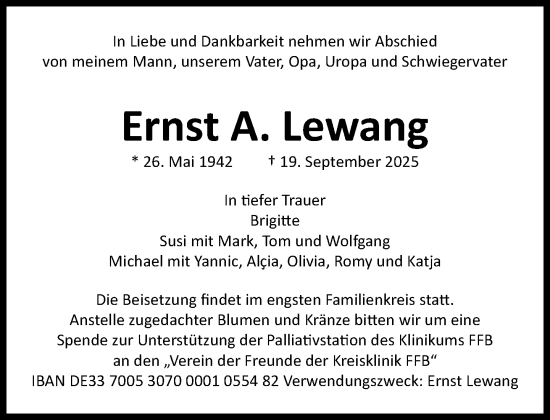 Traueranzeige von Ernst A. Lewang von Süddeutsche Zeitung