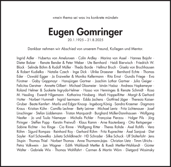 Traueranzeige von Eugen Gomringer von Süddeutsche Zeitung