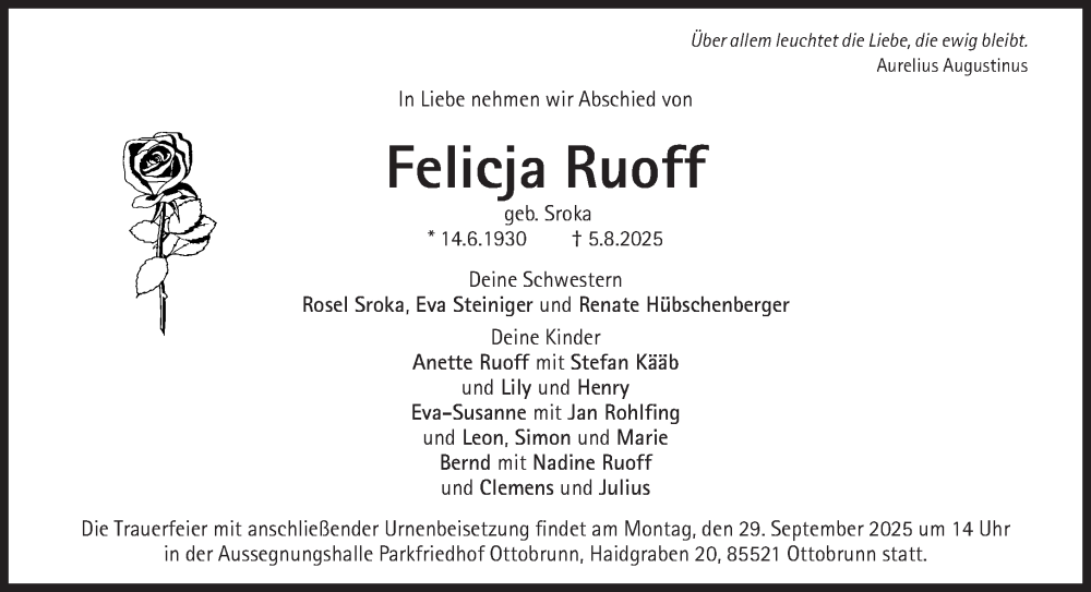  Traueranzeige für Felicja Ruoff vom 20.09.2025 aus Süddeutsche Zeitung