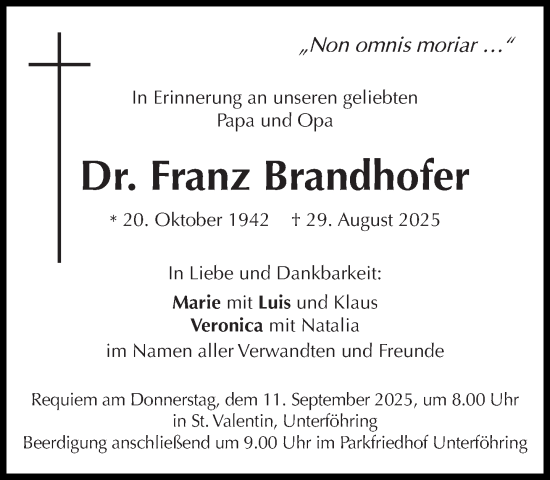 Traueranzeige von Franz Brandhofer von Süddeutsche Zeitung