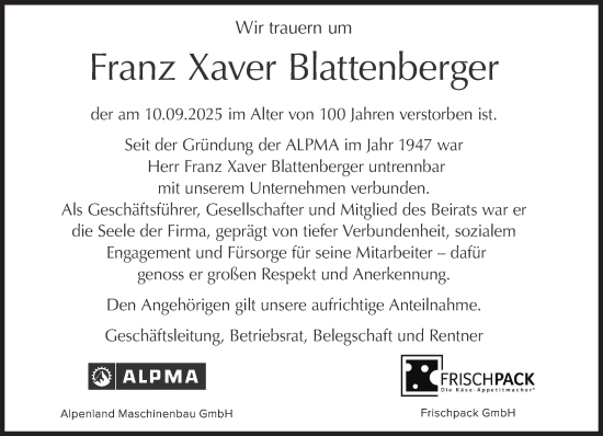 Traueranzeige von Franz Xaver Blattenberger von Süddeutsche Zeitung