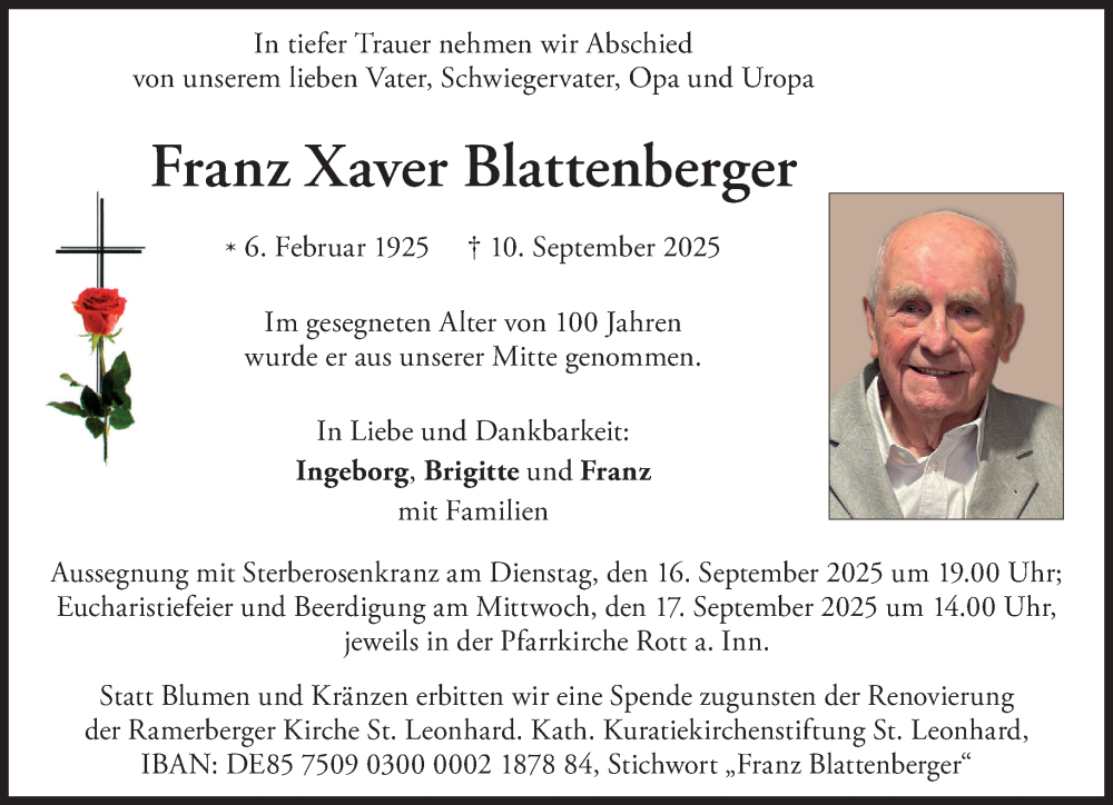  Traueranzeige für Franz Xaver Blattenberger vom 12.09.2025 aus Süddeutsche Zeitung