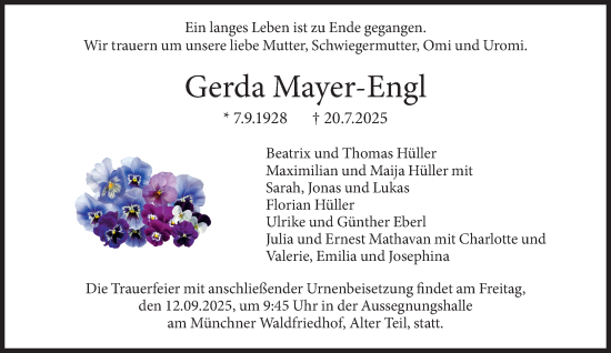Traueranzeige von Gerda Mayer-Engl von Süddeutsche Zeitung