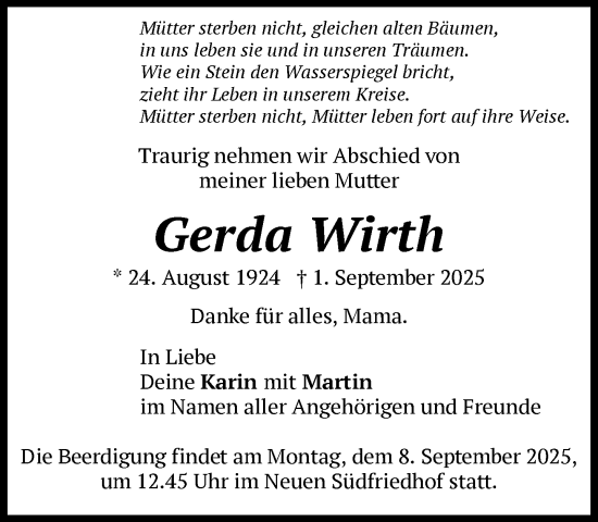 Traueranzeige von Gerda Wirth von Süddeutsche Zeitung