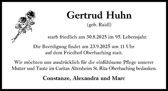 Traueranzeige von Gertrud Huhn von Süddeutsche Zeitung