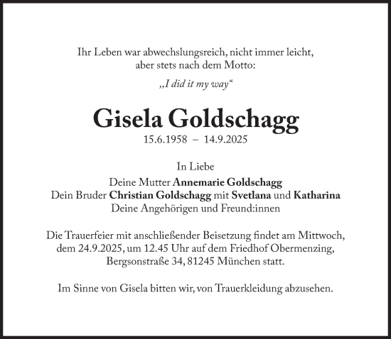 Traueranzeige von Gisela Goldschagg von Süddeutsche Zeitung