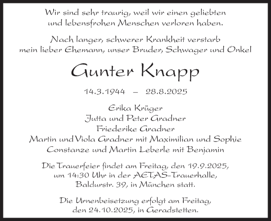 Traueranzeige von Gunter Knapp von Süddeutsche Zeitung