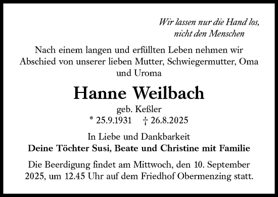 Traueranzeige von Hanne Weilbach von Süddeutsche Zeitung