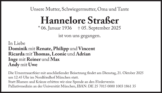 Traueranzeige von Hannelore Straßer von Süddeutsche Zeitung