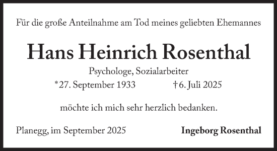 Traueranzeige von Hans Heinrich Rosenthal von Süddeutsche Zeitung