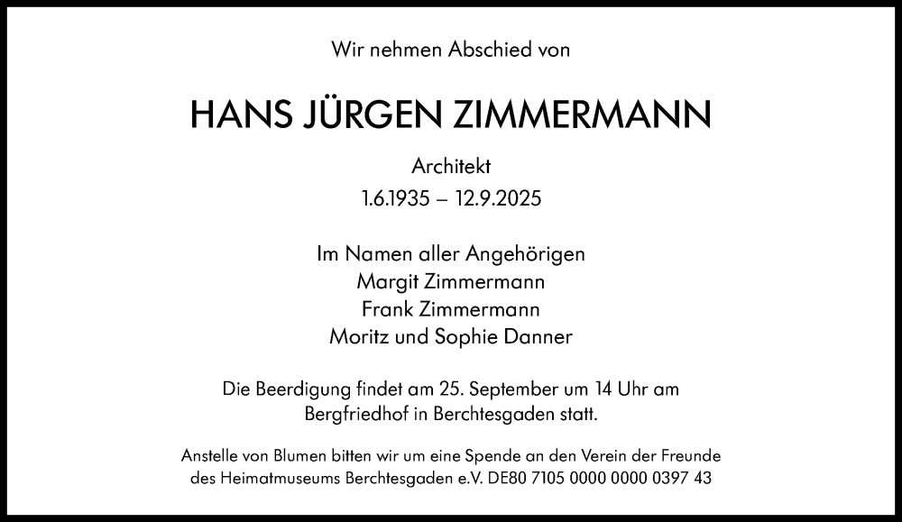 Traueranzeige für Hans Jürgen Zimmermann vom 20.09.2025 aus Süddeutsche Zeitung