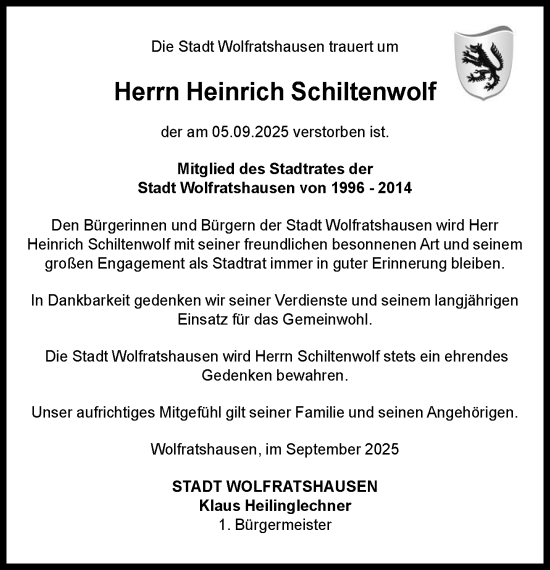 Traueranzeige von Heinrich Schiltenwolf von Süddeutsche Zeitung