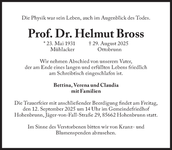 Traueranzeige von Helmut Bross von Süddeutsche Zeitung
