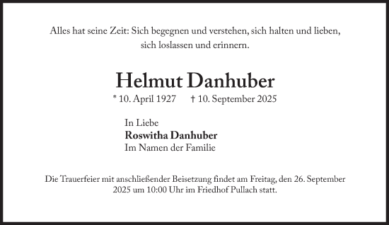Traueranzeige von Helmut Danhuber von Süddeutsche Zeitung