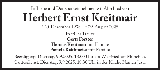 Traueranzeige von Herbert Ernst Kreitmair von Süddeutsche Zeitung