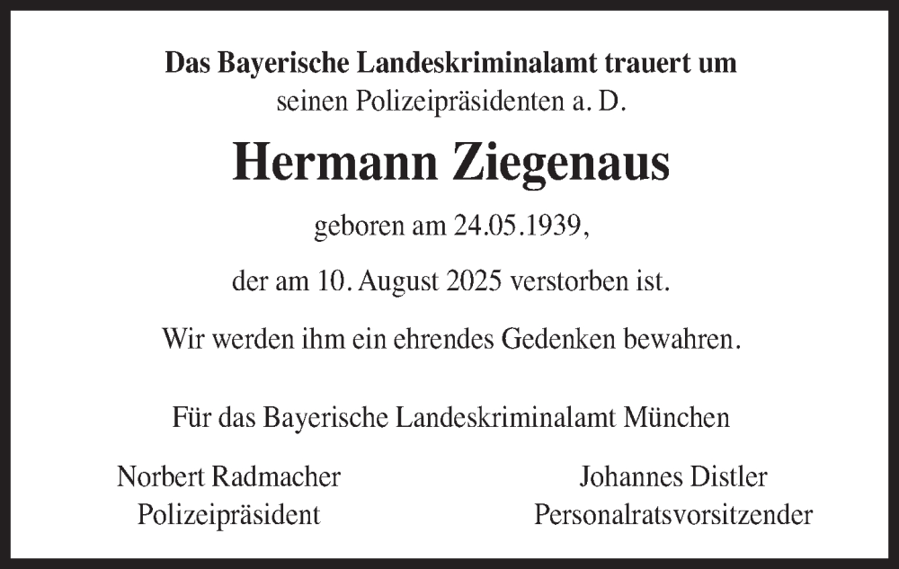  Traueranzeige für Hermann Ziegenaus vom 19.09.2025 aus Süddeutsche Zeitung