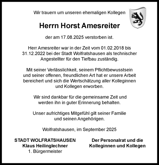 Traueranzeige von Horst Amesreiter von Süddeutsche Zeitung