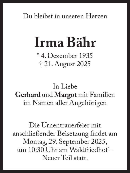 Traueranzeige von Irma Bähr von Süddeutsche Zeitung