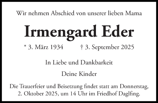 Traueranzeige von Irmengard Eder von Süddeutsche Zeitung