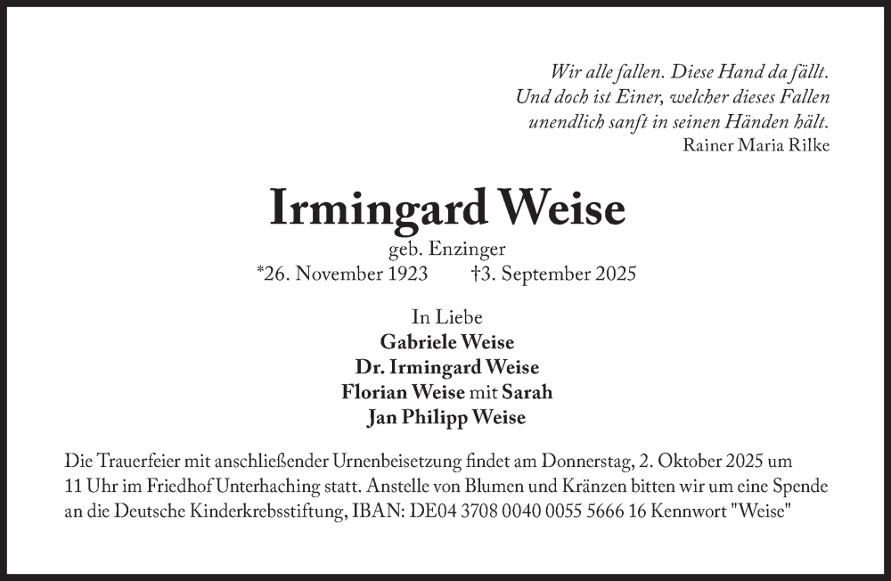  Traueranzeige für Irmingard Weise vom 27.09.2025 aus Süddeutsche Zeitung
