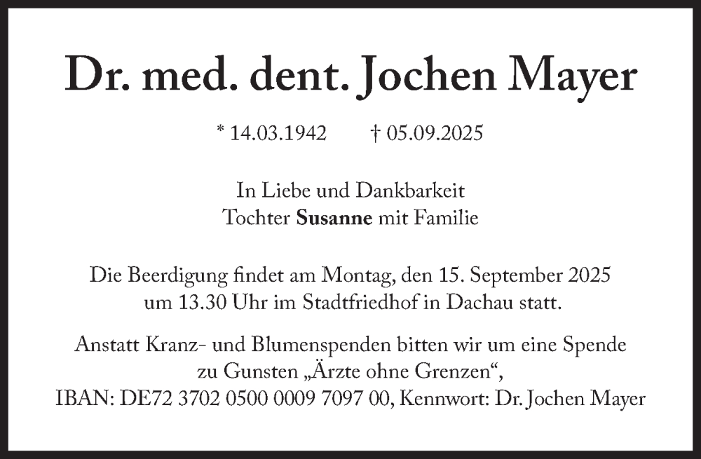  Traueranzeige für Jochen Mayer vom 12.09.2025 aus Süddeutsche Zeitung