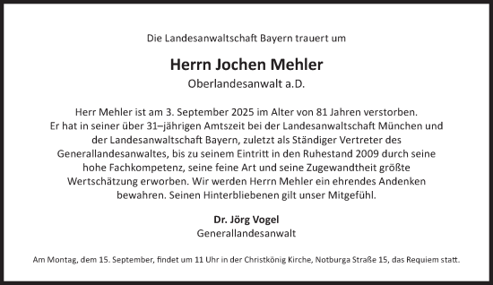 Traueranzeige von Jochen Mehler von Süddeutsche Zeitung