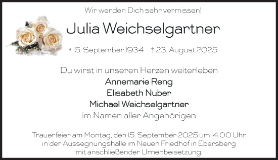 Traueranzeige von Julia Weichselgartner von Süddeutsche Zeitung