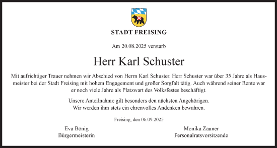 Traueranzeige von Karl Schuster von Süddeutsche Zeitung