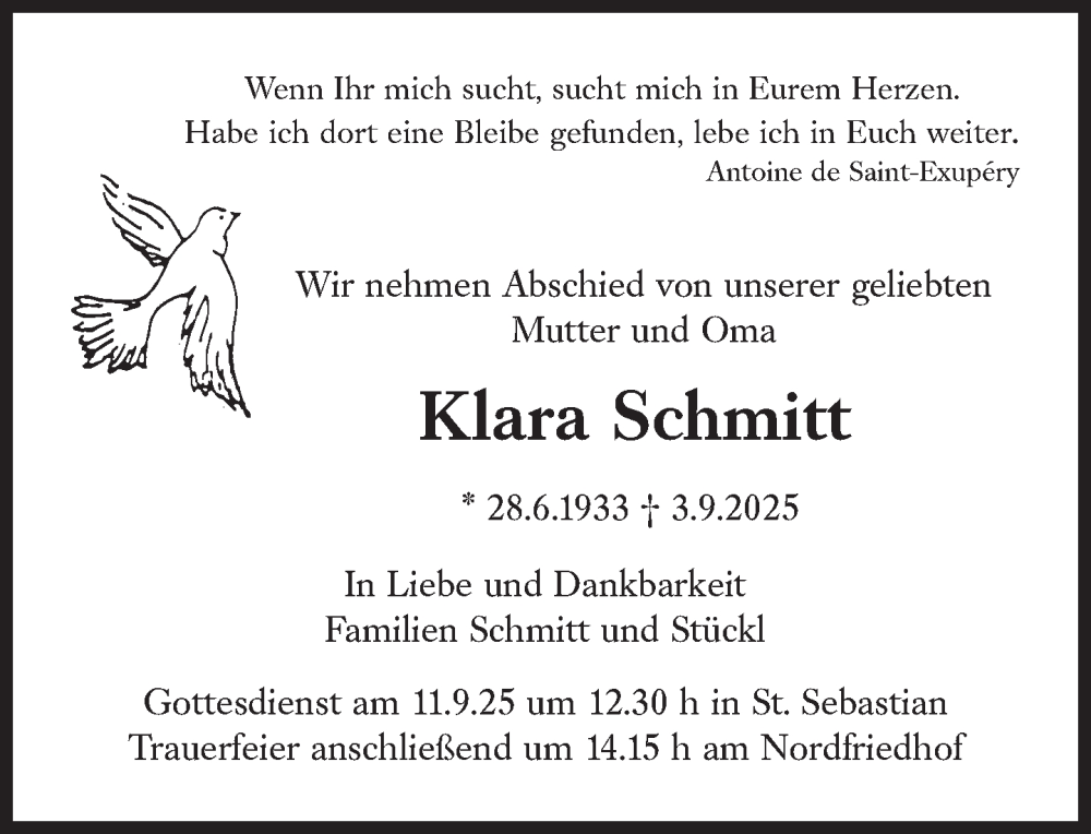  Traueranzeige für Klara Schmitt vom 10.09.2025 aus Süddeutsche Zeitung
